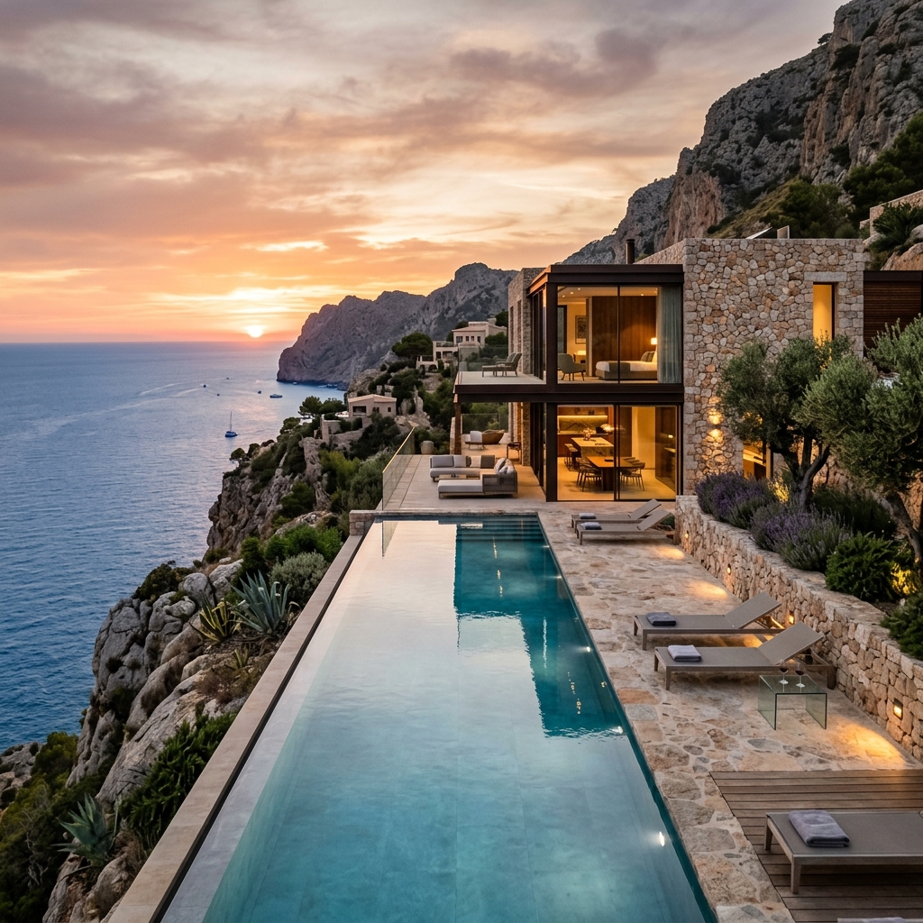 Vista exterior de las villas de Casa Marena en el acantilado de Mallorca